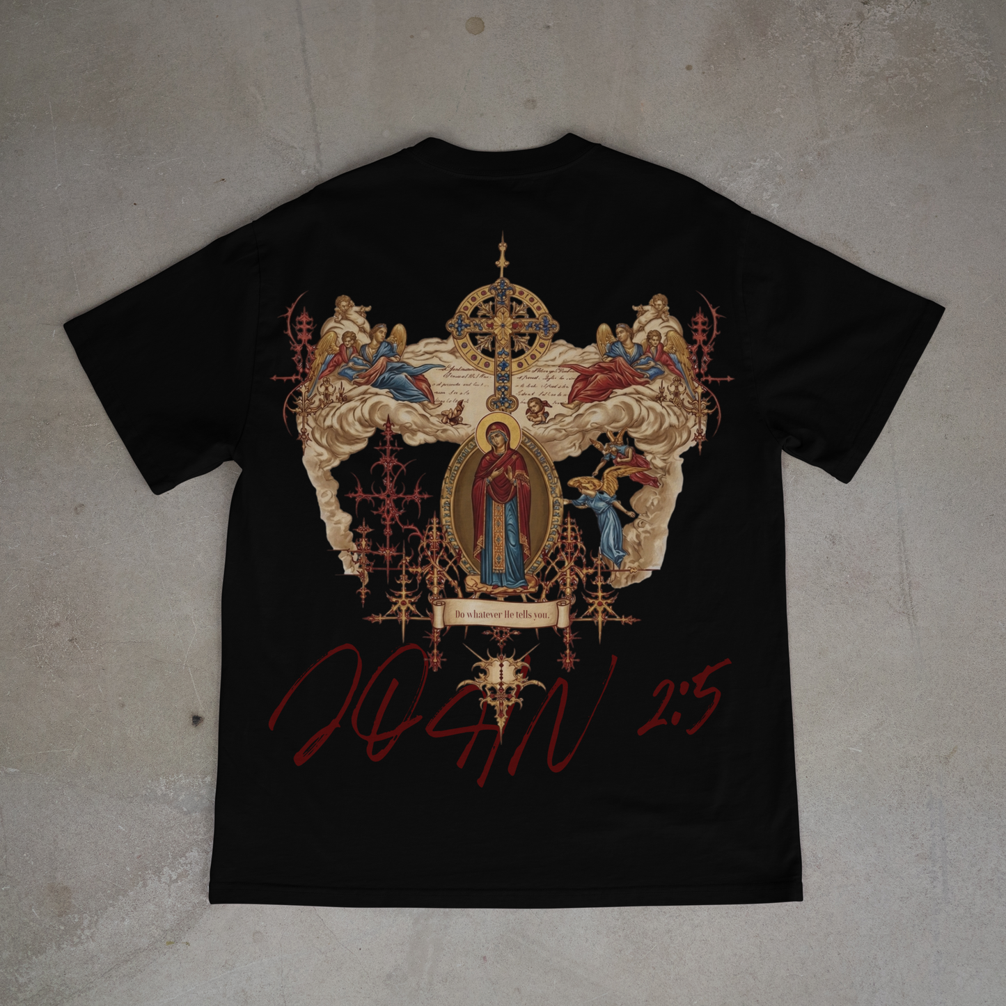 "HOLY MOTHER MARY / JOHN 2:5" OVERSIZED SHIRT